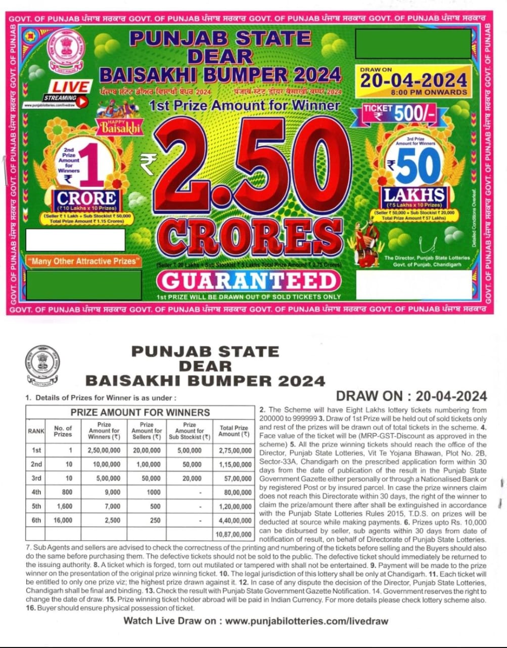 Punjab Lottery Baisakhi Bumper 2.5 Crore 20 April 2024 Punjab State